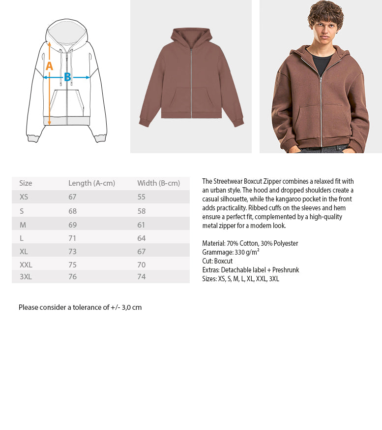 MAT LEFT A MARK — Boxy Zip Hoodie — Guida alle misure · vista prodotto