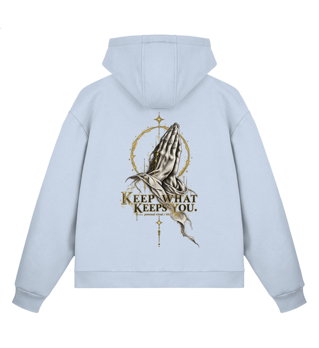 MAT KEEP WHAT KEEPS YOU — Boxy Zip Hoodie — Powder Blue · vista prodotto