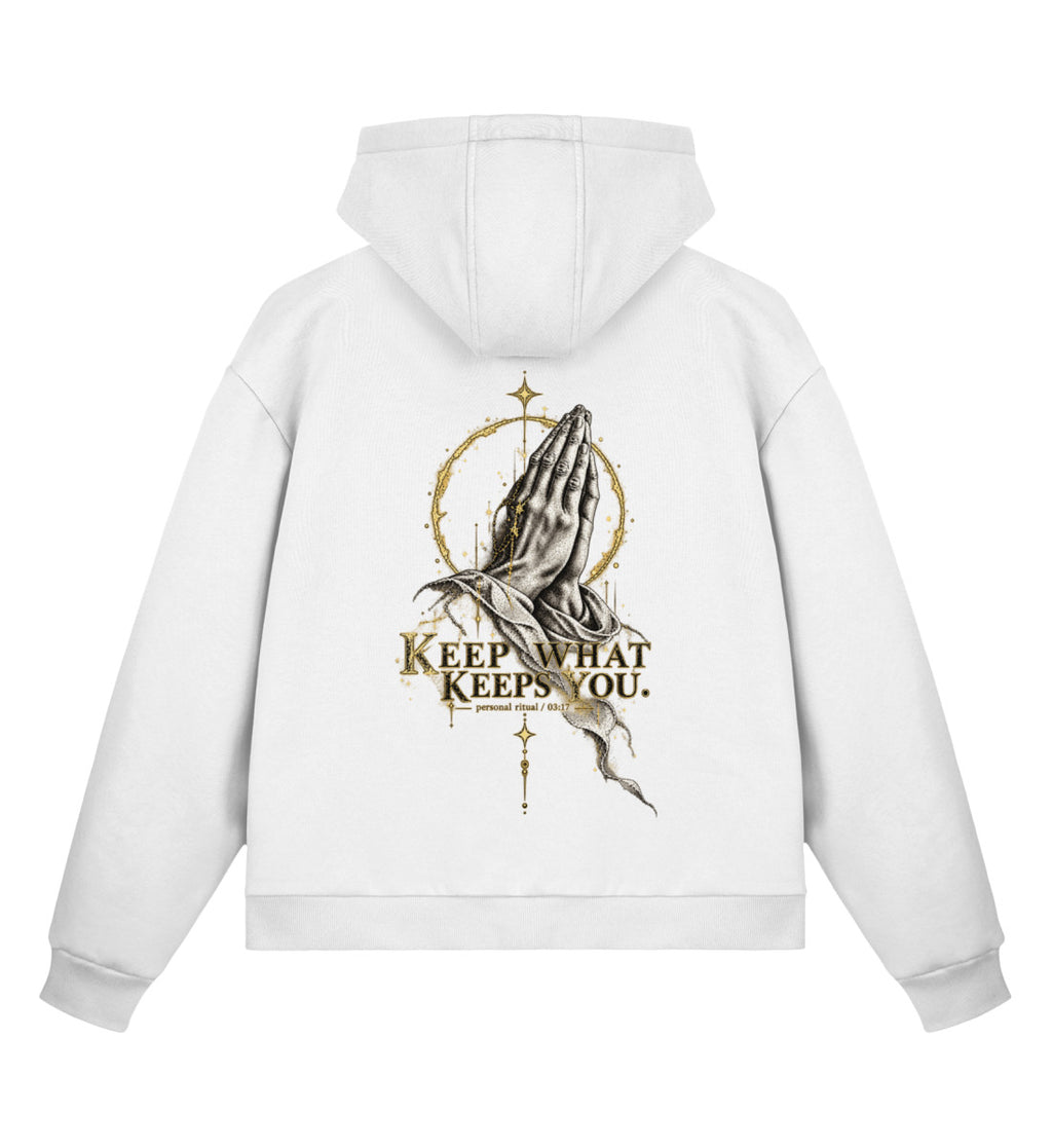 MAT KEEP WHAT KEEPS YOU — Boxy Zip Hoodie — White · vista prodotto