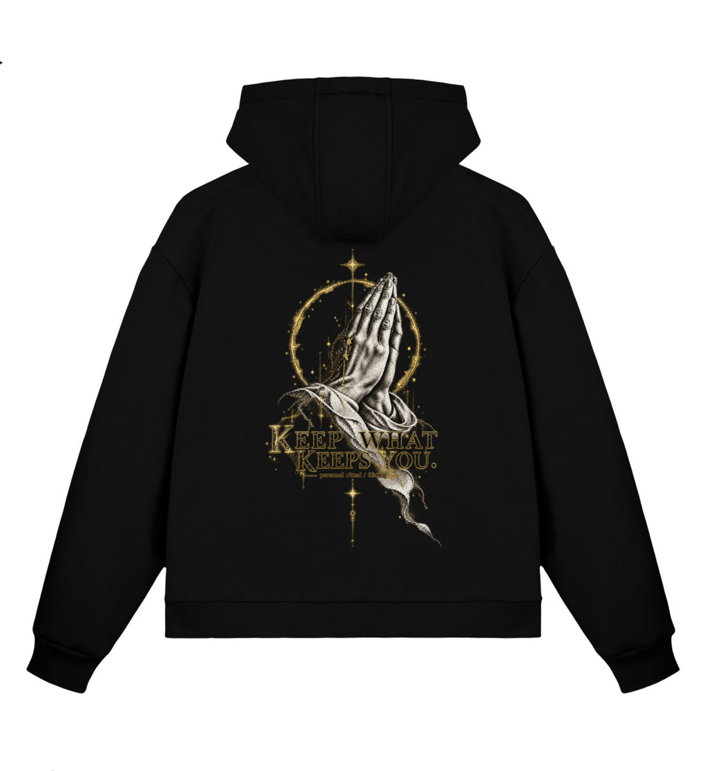 MAT KEEP WHAT KEEPS YOU — Boxy Zip Hoodie — Black · vista prodotto