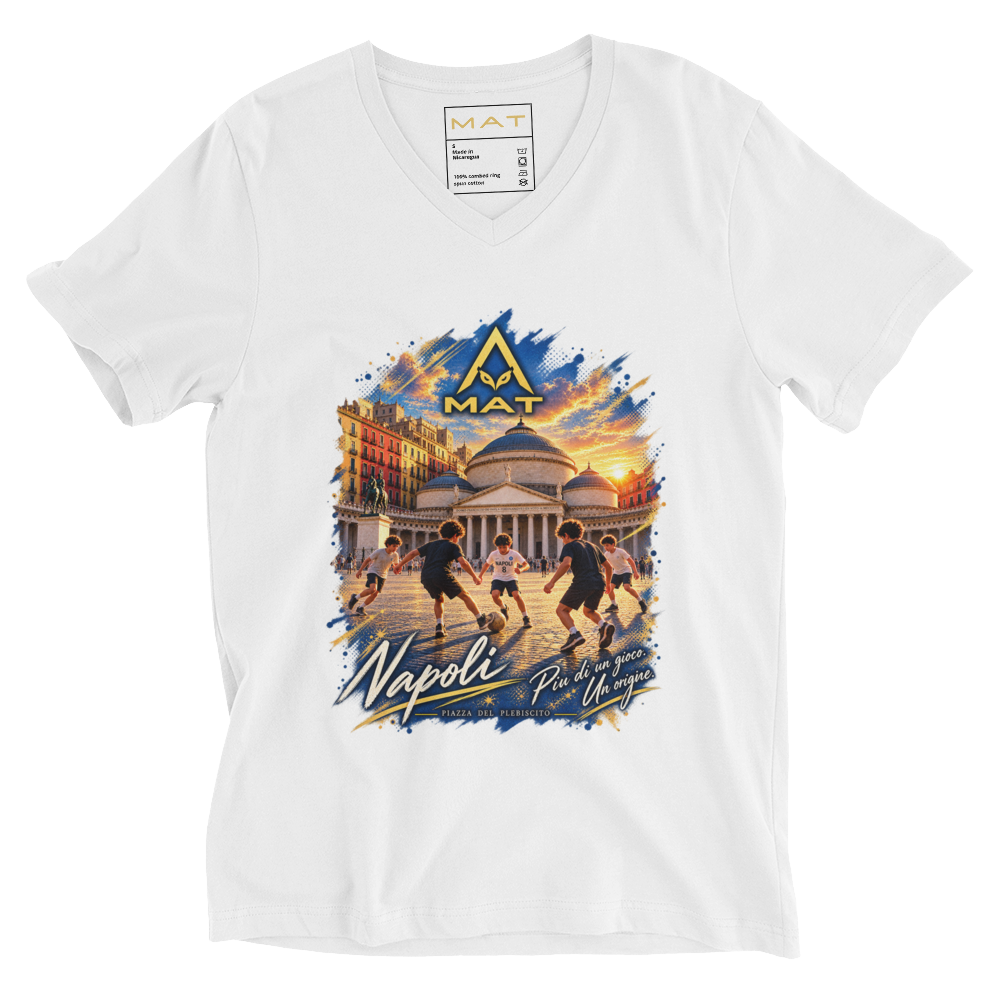 MAT NAPOLI — V-Neck Tee bianca, grafica Napoli sul fronte